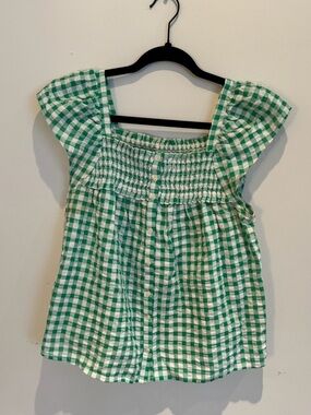Old Navy Green and White Gingham Button-Front Smocked Top Size Small